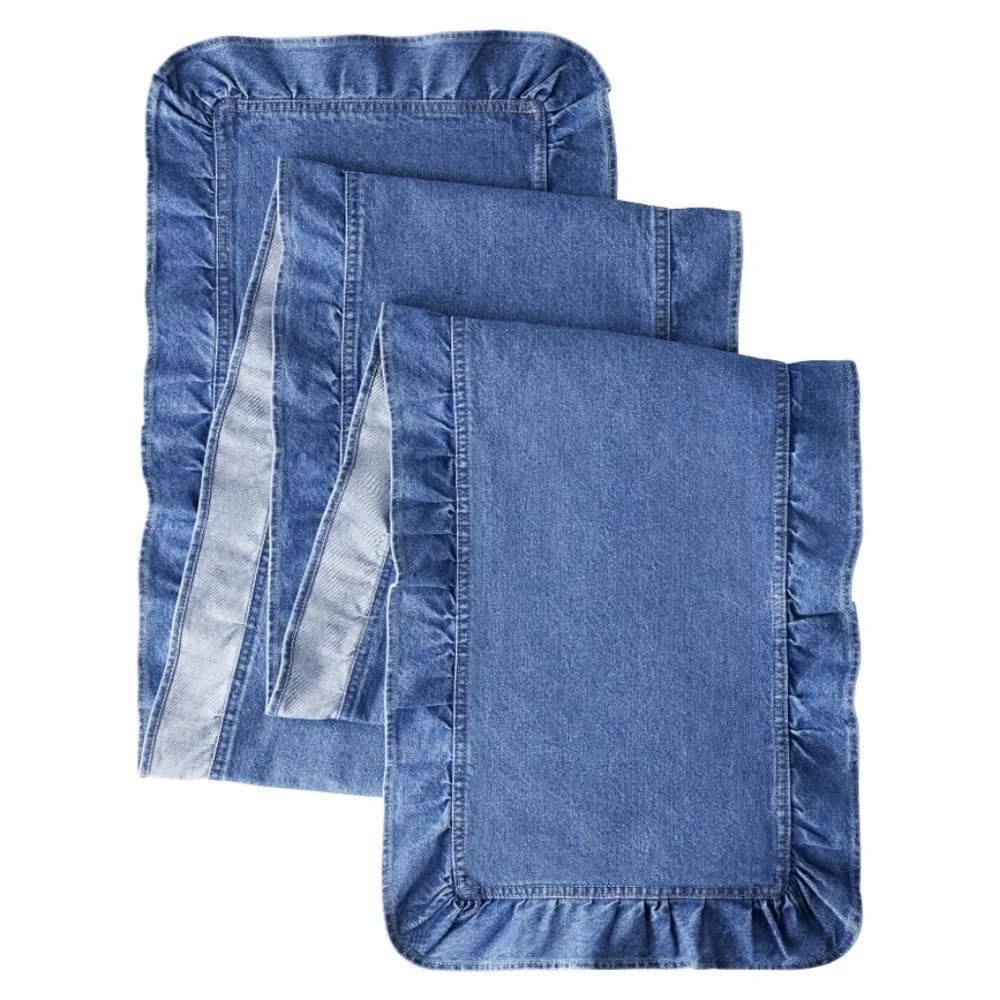 💕 The Pioneer Woman Ruffle Blue Denim Table Runner Linens